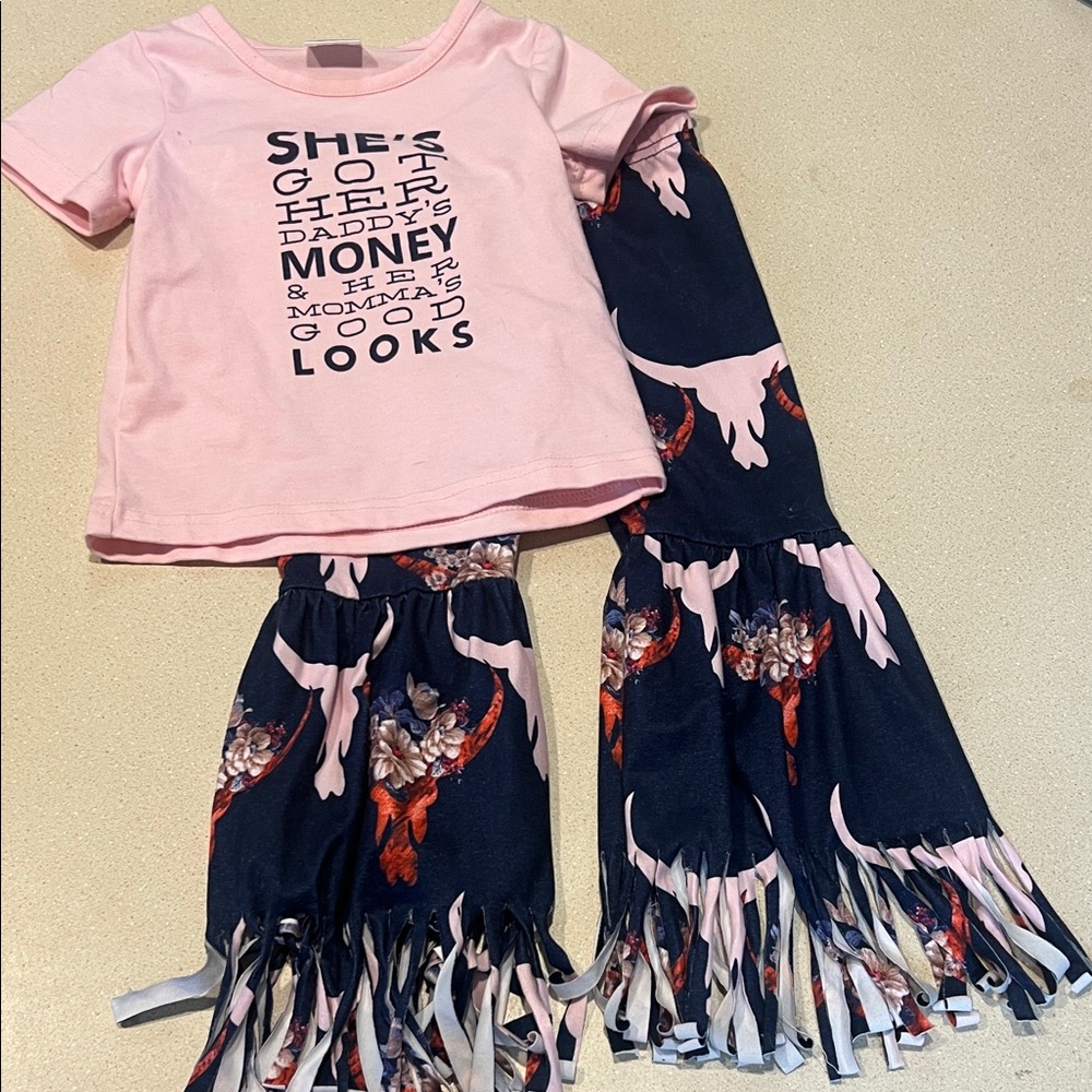 Pink Graphic Tee and Floral Fringe Pants Set
